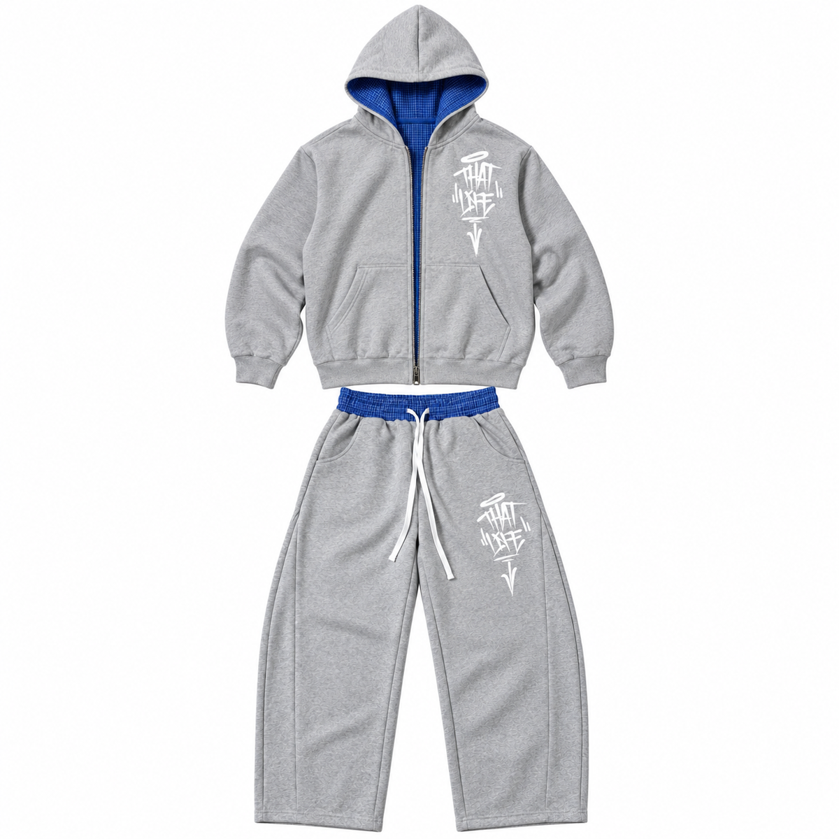 Cropped Puff Sweat Suit - Gray/Blue Plaid