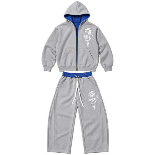Cropped Puff Sweat Suit - Gray/Blue Plaid